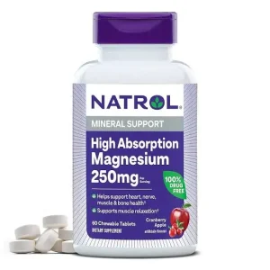 Natrol Cranberry & Apple Flavor 250Mg Magnesium Chewable Supplements Tablets For Healthy Heart, Nerves & Bones - Vegetarian, 60 Tablets
