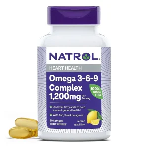 Natrol 1200Mg Omega 3, 6 & 9 Heart Support Supplement Lemon Flavor With Fish, Flax & Borage Oil, 90 Softgels